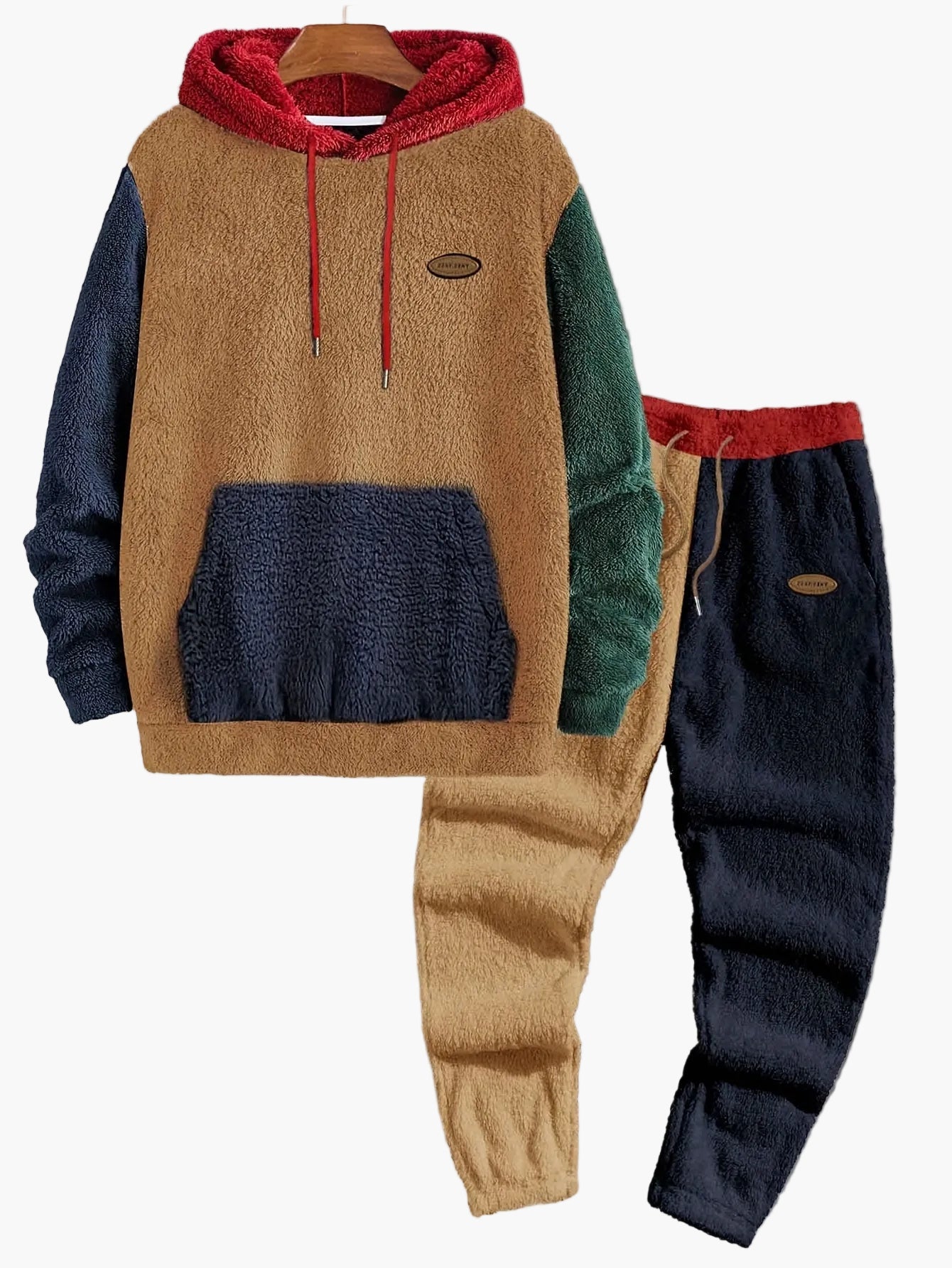 Men's Colorblock Relaxation Clothing Set with Hooded Sweatshirt and Sweatpants – Contemporary Leisure Outfit for Autumn & Winter