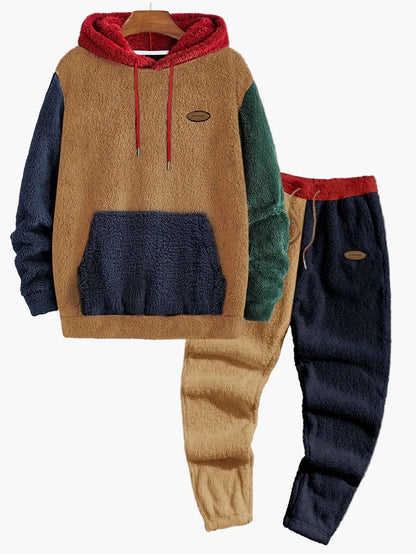 Men's Colorblock Relaxation Clothing Set with Hooded Sweatshirt and Sweatpants – Contemporary Leisure Outfit for Autumn & Winter