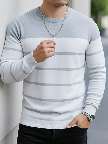 Men's striped crew-neck long-sleeve sweater, green and white