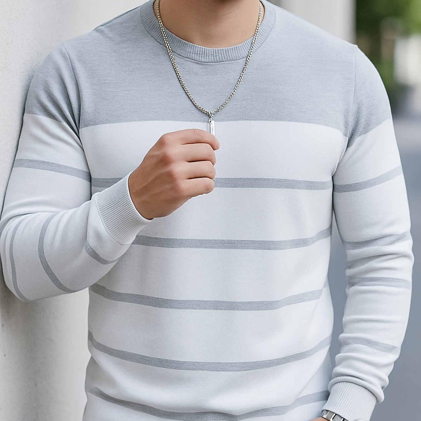 Men's striped crew-neck long-sleeve sweater, green and white