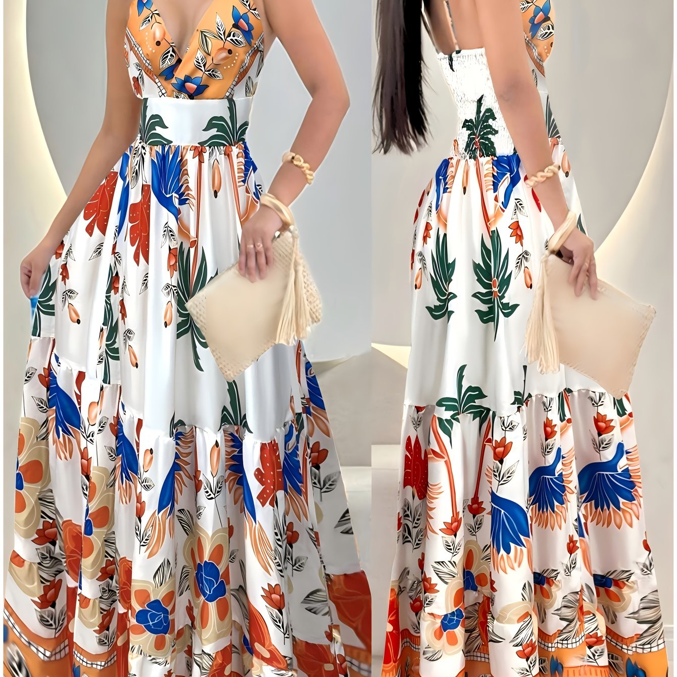 Women's Boho Maxi Dress with Tropical Pattern and Deep V-Neck – Elegant Summer Dress for Beach, Vacation & Parties