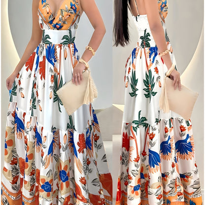 Women's Boho Maxi Dress with Tropical Pattern and Deep V-Neck – Elegant Summer Dress for Beach, Vacation & Parties