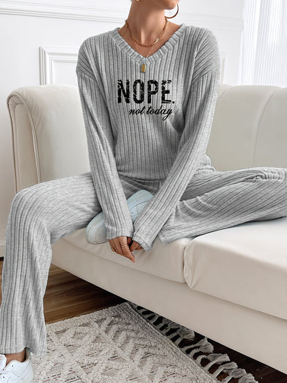 Ribbed women’s two-piece set with a V-neck top featuring lettering and wide-leg pants