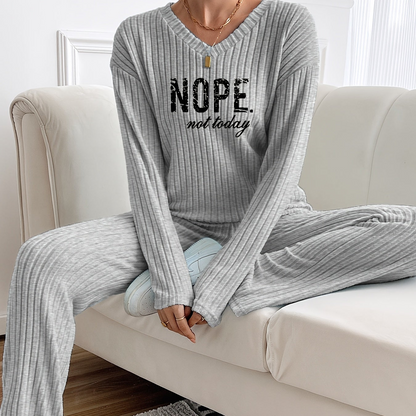 Ribbed women’s two-piece set with a V-neck top featuring lettering and wide-leg pants