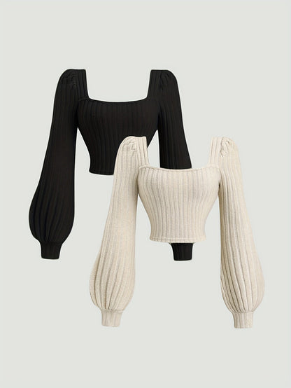 Geripptes Damen Crop-Top mit Puffärmeln und eckigem Ausschnitt