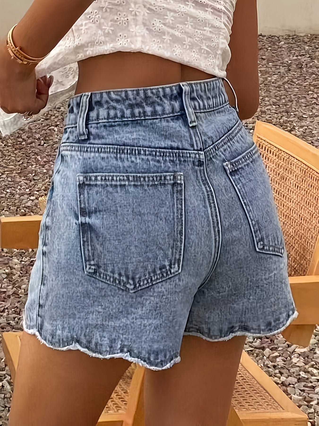Women's High Waist Denim Shorts with Scalloped Hem in Casual Summer Style