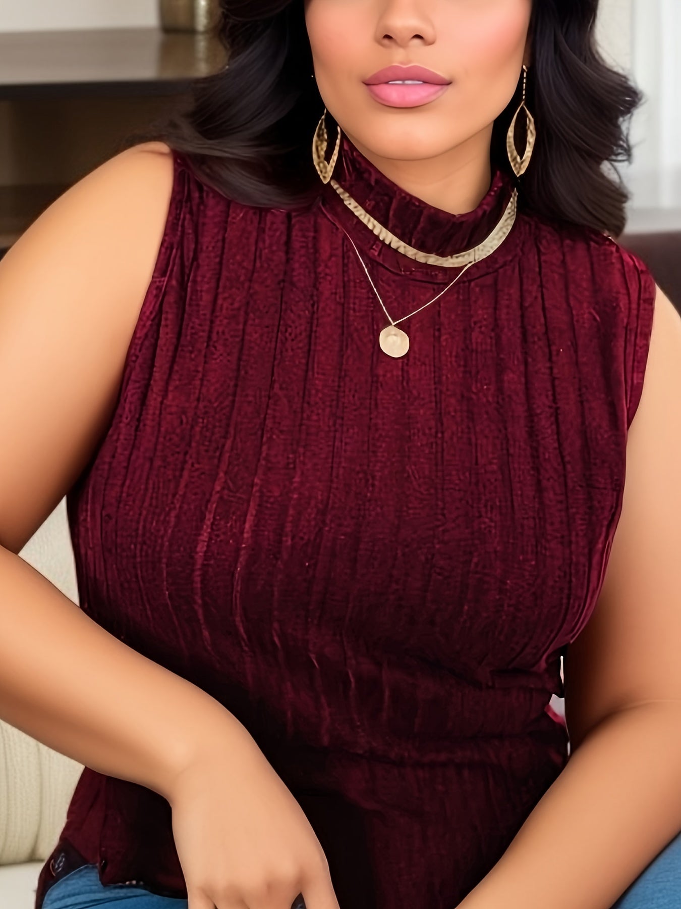 Women's Elegant Sleeveless Knit Top with Stand Collar – Fashionable Shirt for Everyday & Office