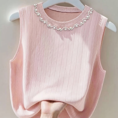 Women's sleeveless knit top with pearl embellishment – Elegant casual look for spring and summer