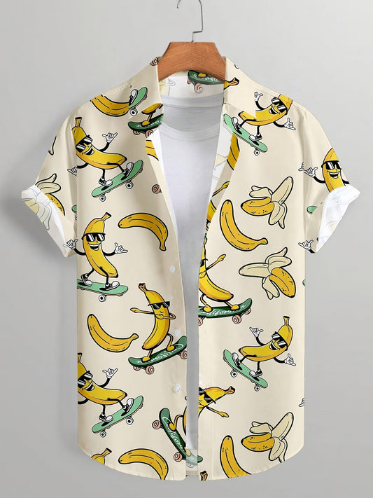 Men's Casual Short-Sleeve Shirt with Skateboard-Banana Comic Print – Funny Summer Party Shirt