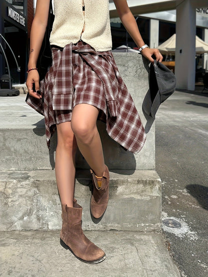 Women's Asymmetric Street-Style Skirt with Checkered Pattern and Knot Detail – Urban Casual Look