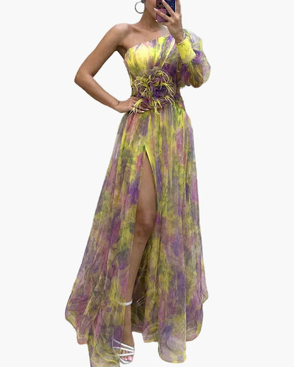 Damen Abendkleid One-Shoulder mit Puffärmel und Schlitz – Elegantes Kleid für festliche Anlässe