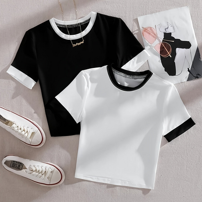 Women's T-Shirt Set in Colorblock Design, Short Sleeve, Modern & Casual – Perfect for Everyday and Leisure