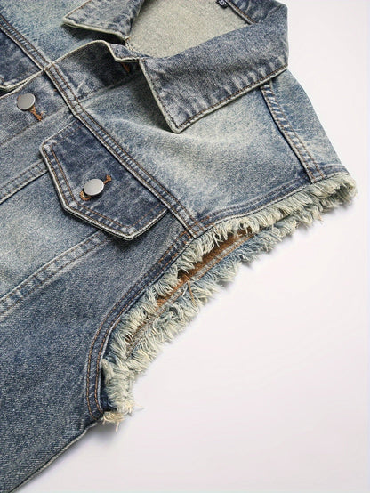 Jeansweste ärmellos für Herren, abgenutzt, mit Knopfverschluss, Blau
