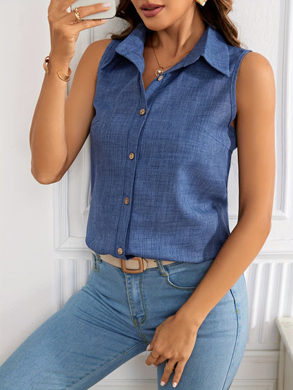 Women's sleeveless blouse with button placket and polo collar – Elegant casual wear for summer