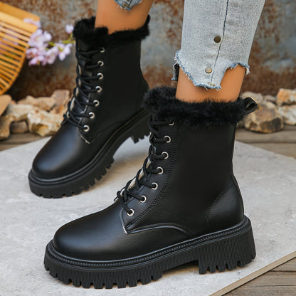 Women's worker boots with faux-fur lining, lacing, and lug soles