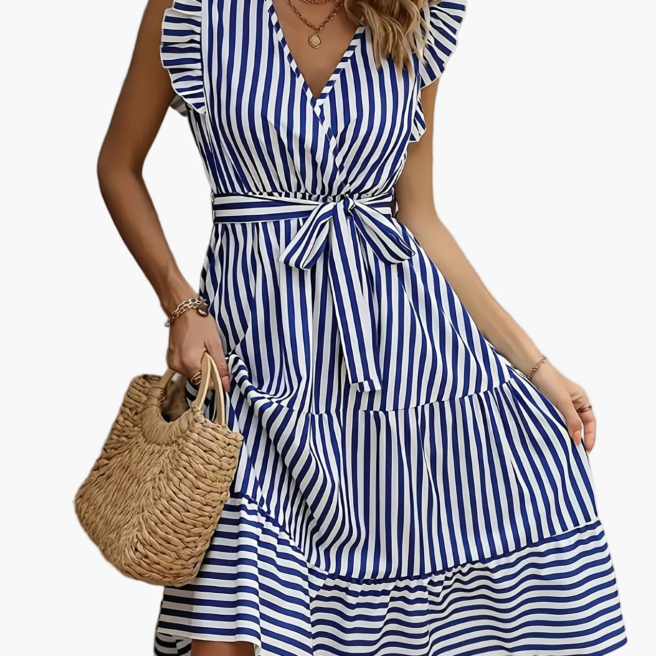 Damen Sommerkleid Elegant mit Streifen und Volants – Freizeit- & Strandmode