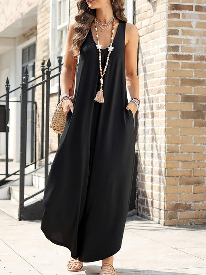 Women's Loose Jumpsuit with V-Neck and Pockets – Elegant Summer Romper for Leisure and Vacation