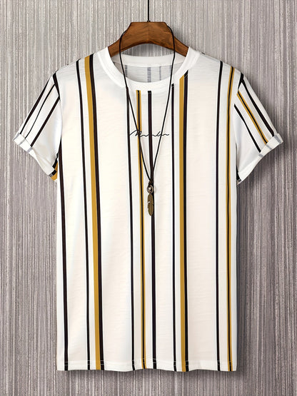 Men's T-shirt with vertical stripe pattern and modern print – Stylish casual shirt