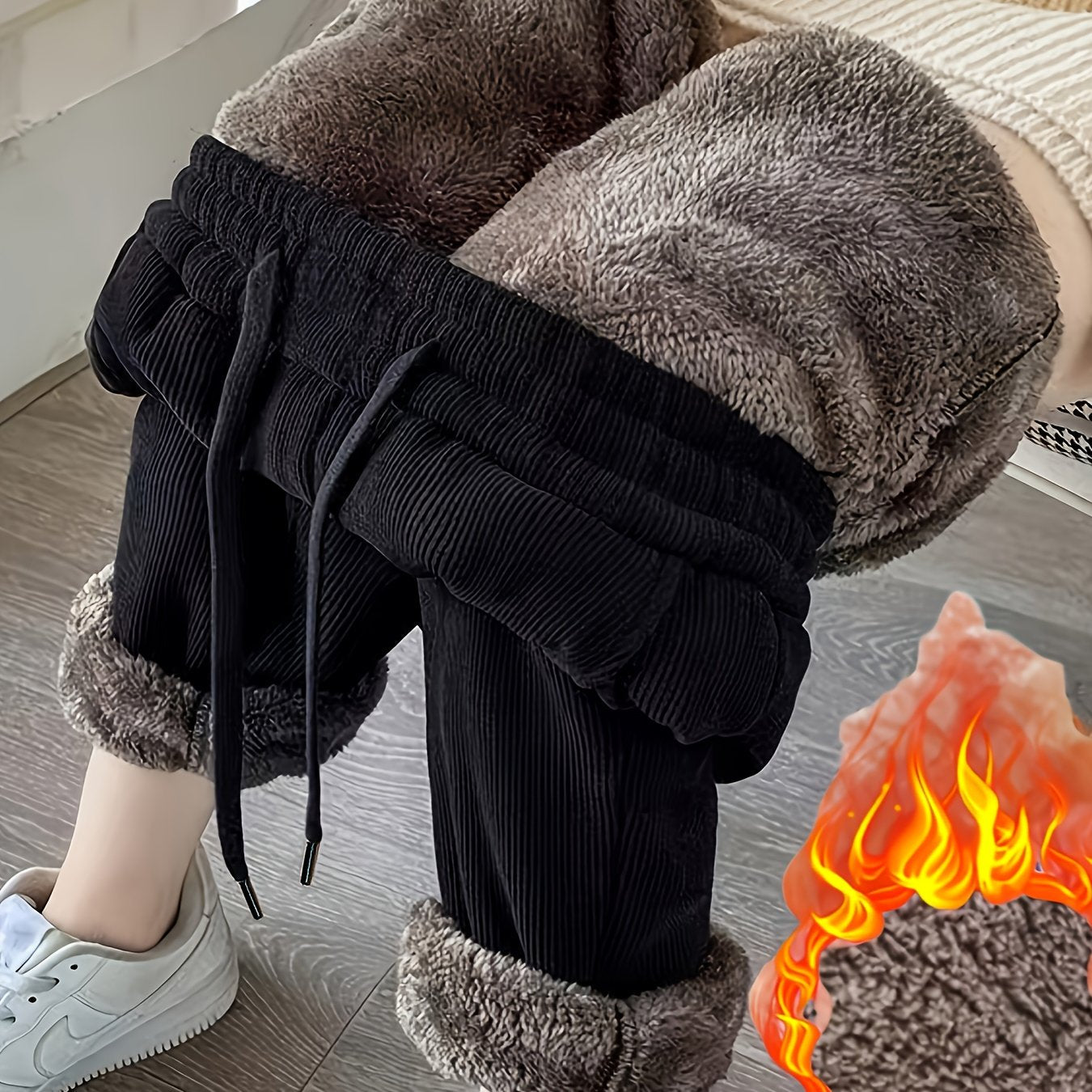 Unisex Winterhose Cord Innenfutter Plüsch Schwarz