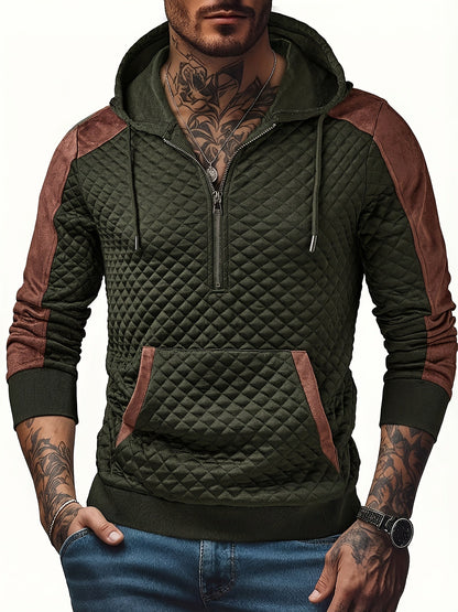 Men's quilted hoodie with half-zip and hood