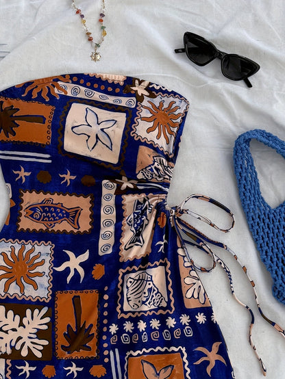 Women's bandeau mini dress with maritime print, beach holiday style, summer fashion