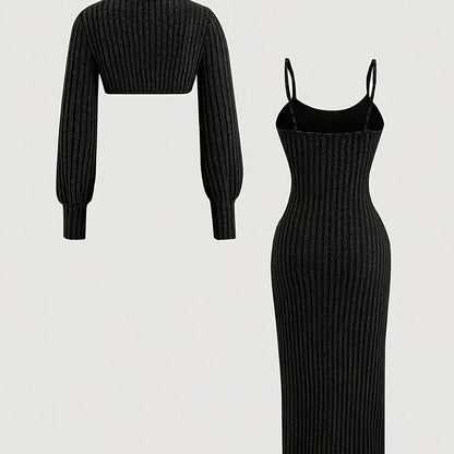 Women's ribbed spaghetti-strap dress and bolero knit set with side slit