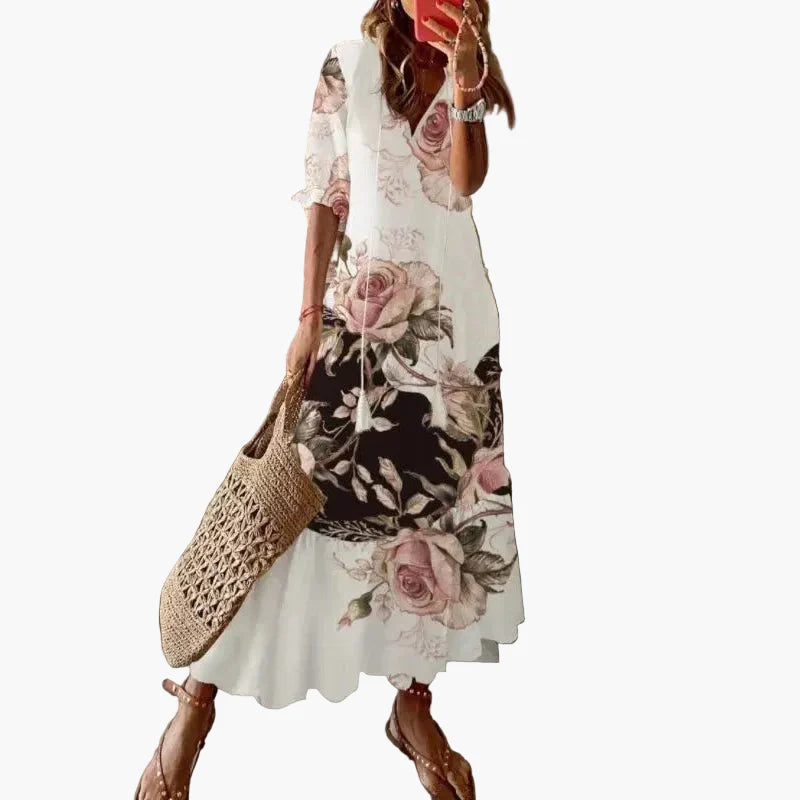 Women's Long Bohemian Dress – Long Summer Dress with Flower Print, Ideal for Beach & Leisure