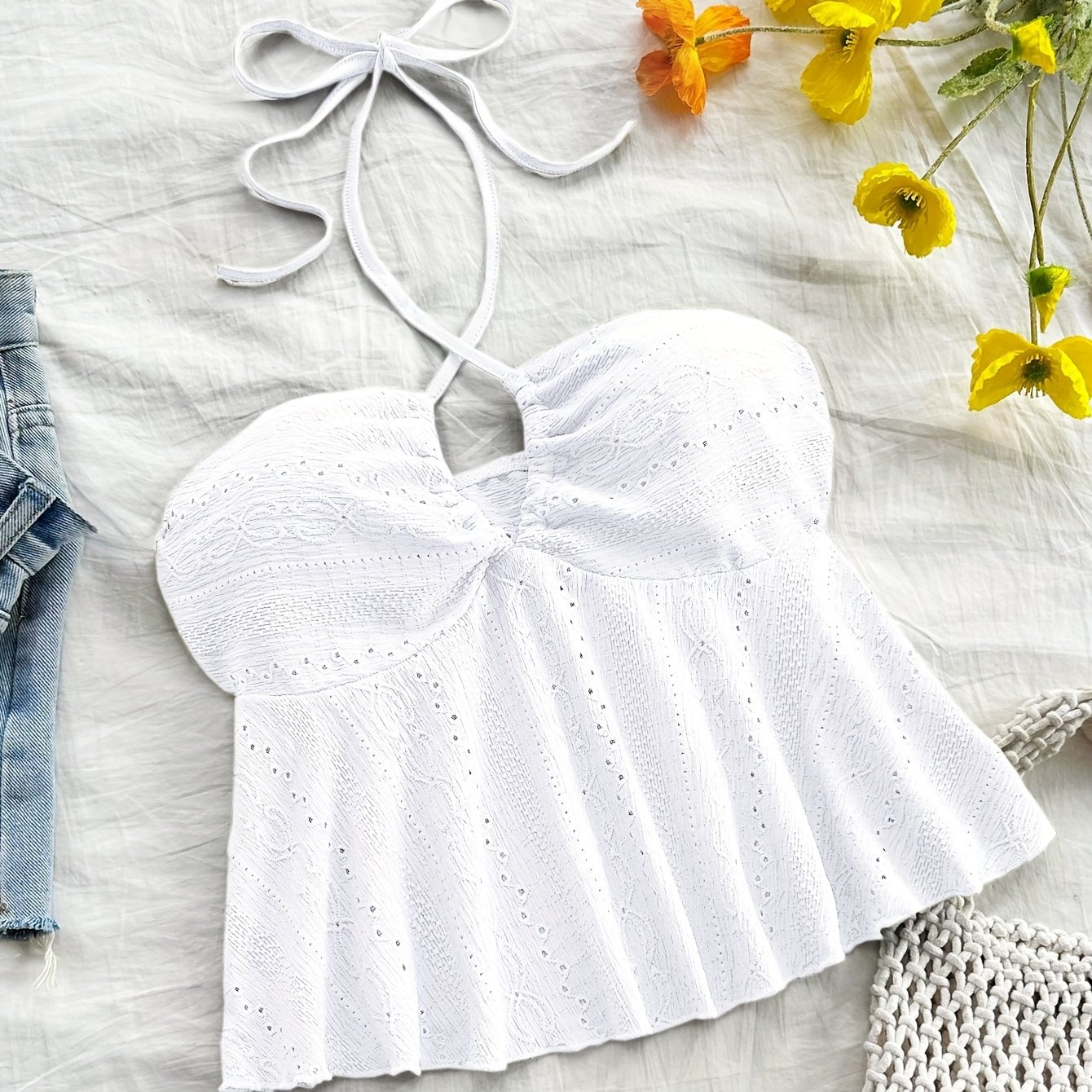 Women's Vintage Halter Babydoll Top with Embroidery – Summer Casual Top