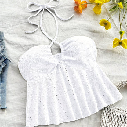 Women's Vintage Halter Babydoll Top with Embroidery – Summer Casual Top