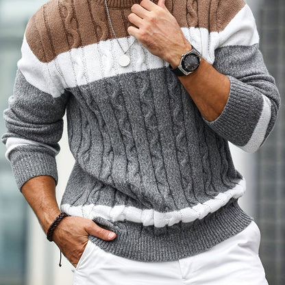 Men's knitted sweater, crew neck, cable-knit pattern, multicolored striped