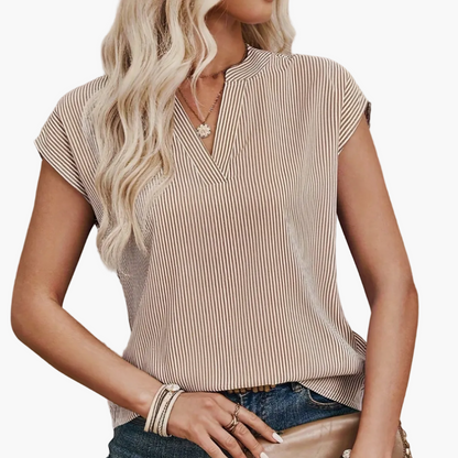 Women's Blouse Shirt with Stripe Pattern and V-Neck – Elegant Casual Style for Everyday and Office