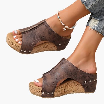 Women's Vintage Wedge Heel Mules for Summer – Comfortable Slip-on Sandals with Studs