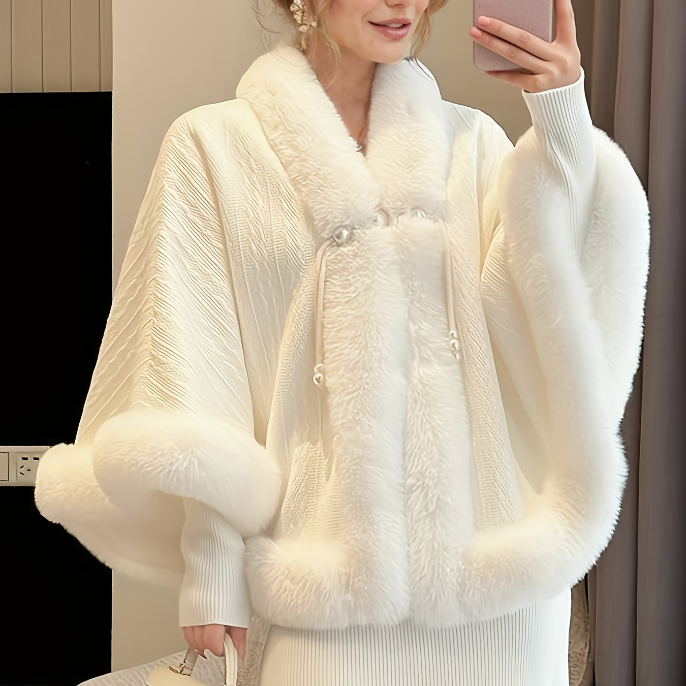 Women's white winter jacket with faux fur trim