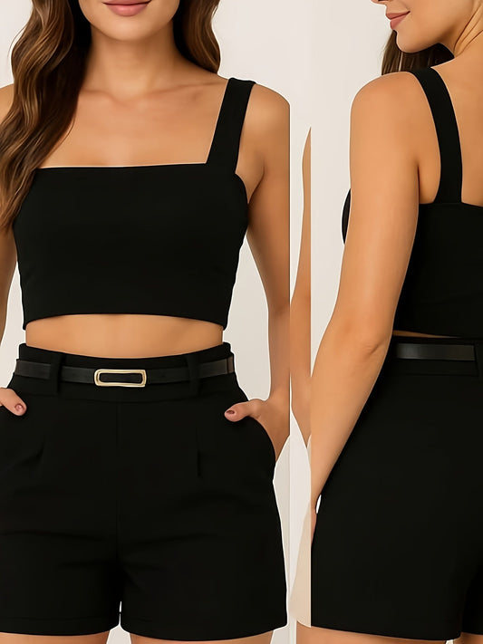 Women's Elegant Short Top and High-Waist Shorts Set – Summer Outfit for Casual and Events