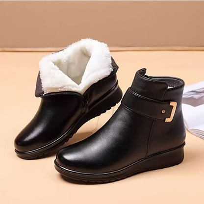 Women’s black winter ankle boots with warm lining and buckle