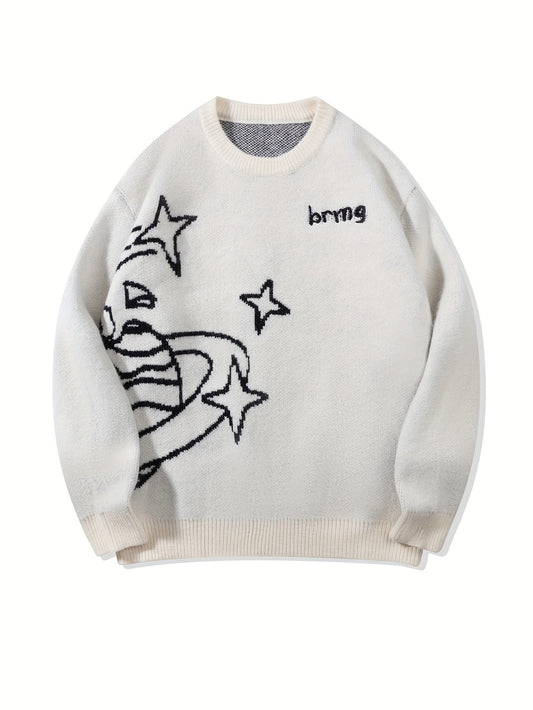 Unisex Strickpullover mit Rundhalsausschnitt und Planeten-Motiv - Oversize, lockerer Schnitt