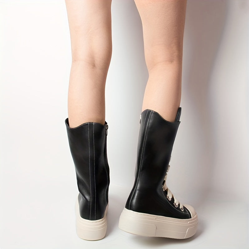 Platform High-Top Boots Black White with Lacing