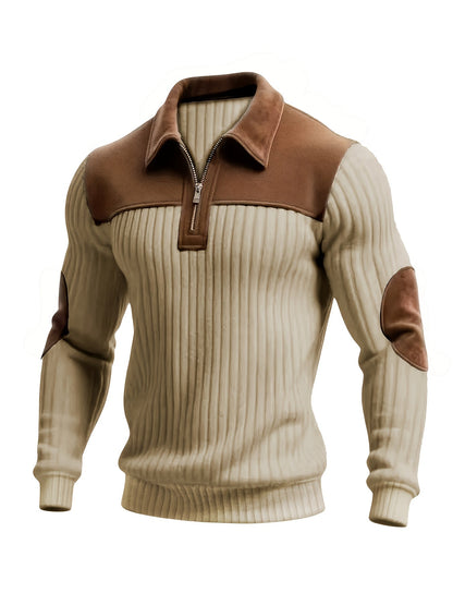 Herren Rippstrick Pullover mit Reißverschlusskragen und Kontrastdetails