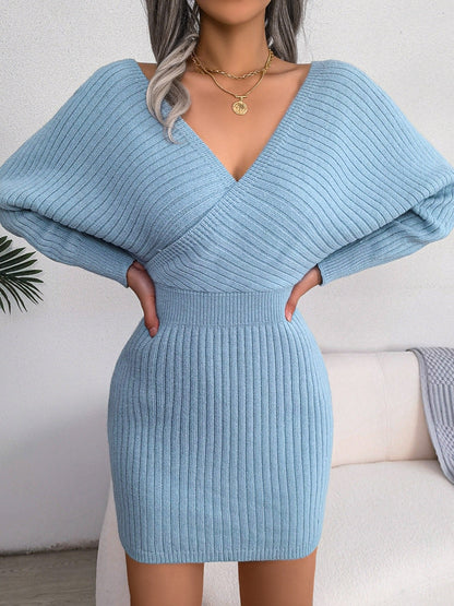 Women's rib-knit sweater dress, V-neck, long sleeves
