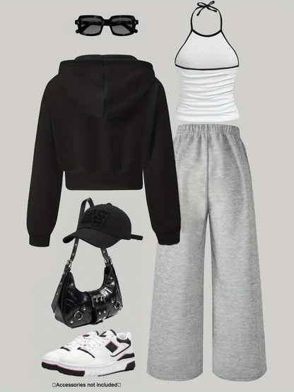 Women's 3-piece set: cropped hoodie, halter top & wide-leg joggers