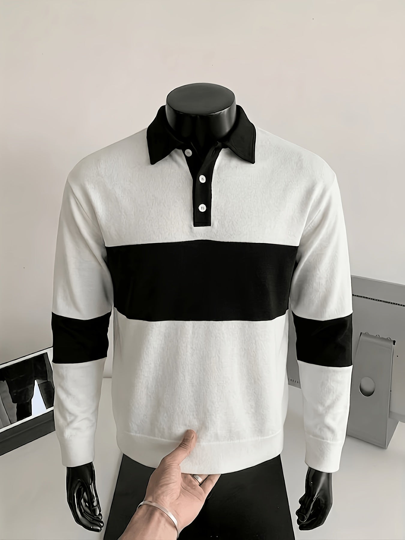 Men's long-sleeve striped rugby shirt with a polo collar, dark gray and black