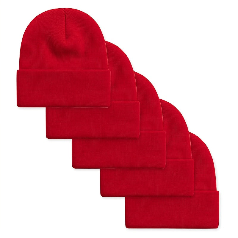 Unisex beanie knit hat with rolled brim, 5-pack in assorted colors