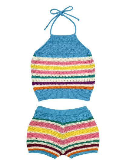 Damen Y2K Strick-Set mit Halterneck-Top und Shorts – Bunte Streifen, Sommer Freizeit Outfit