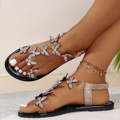 Women's sandals with butterfly appliqués and rhinestones, flat, elegant, for summer and leisure