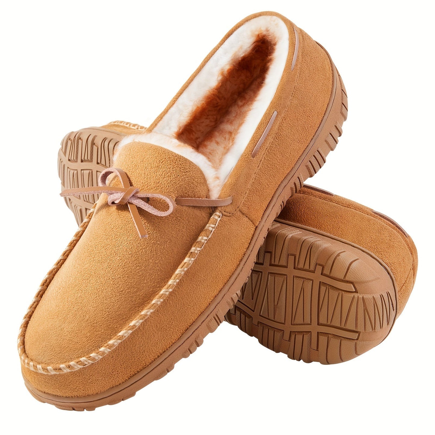 Lined men’s moccasin slippers – warm house slippers with a bow