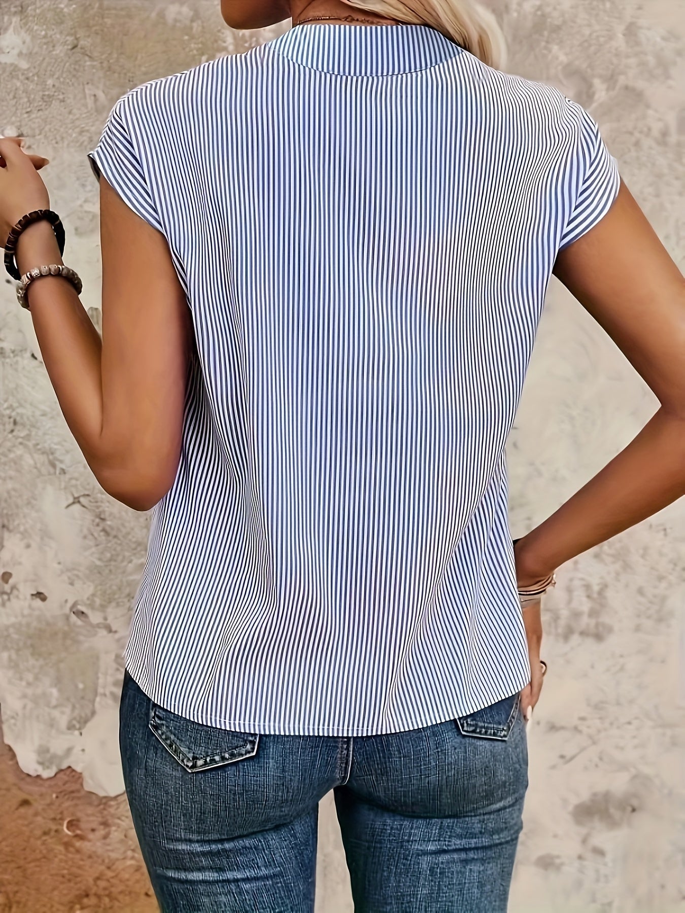Women's Blouse Shirt with Stripe Pattern and V-Neck – Elegant Casual Style for Everyday and Office