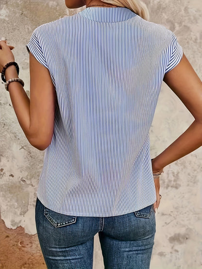 Women's Blouse Shirt with Stripe Pattern and V-Neck – Elegant Casual Style for Everyday and Office