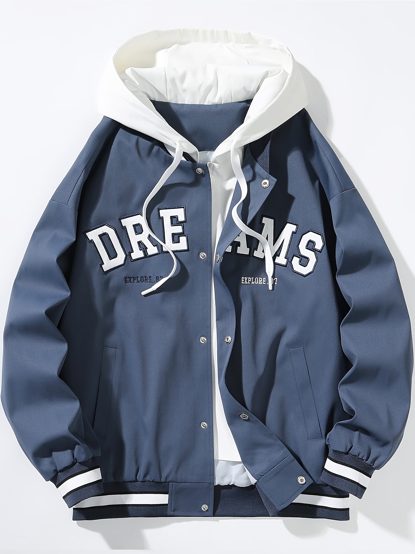 Men's varsity jacket with a hood and DREAMS lettering