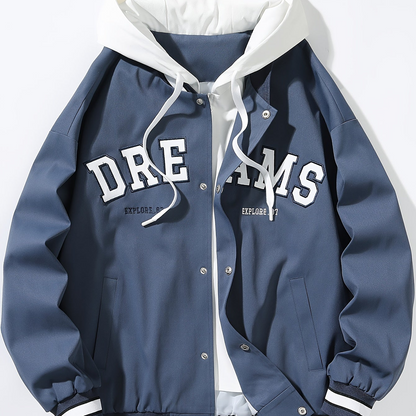 Men's varsity jacket with a hood and DREAMS lettering