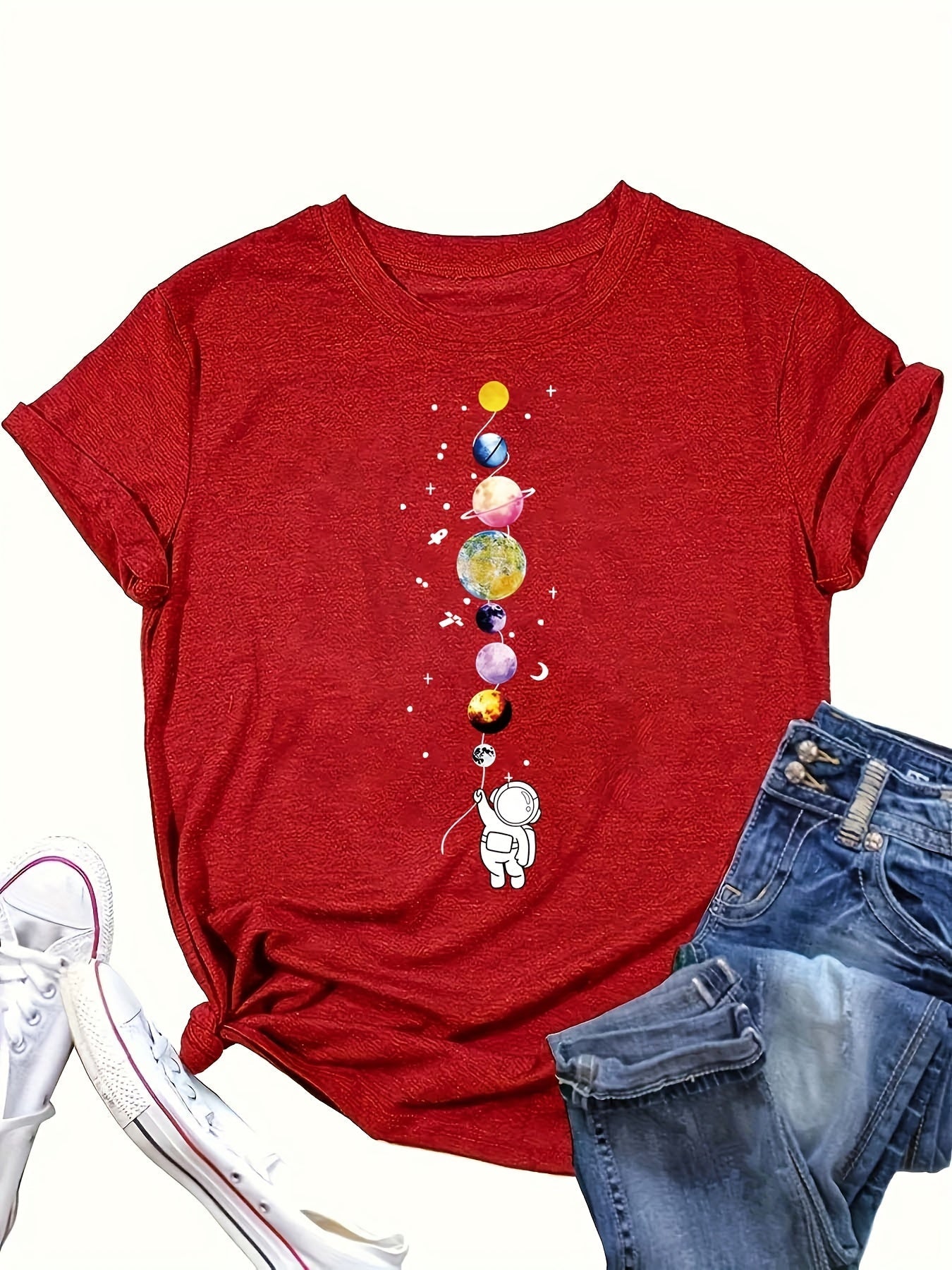 Women's T-Shirt with Astronaut and Planets – Casual Style for Everyday and Leisure – Galaxy & Space Design
